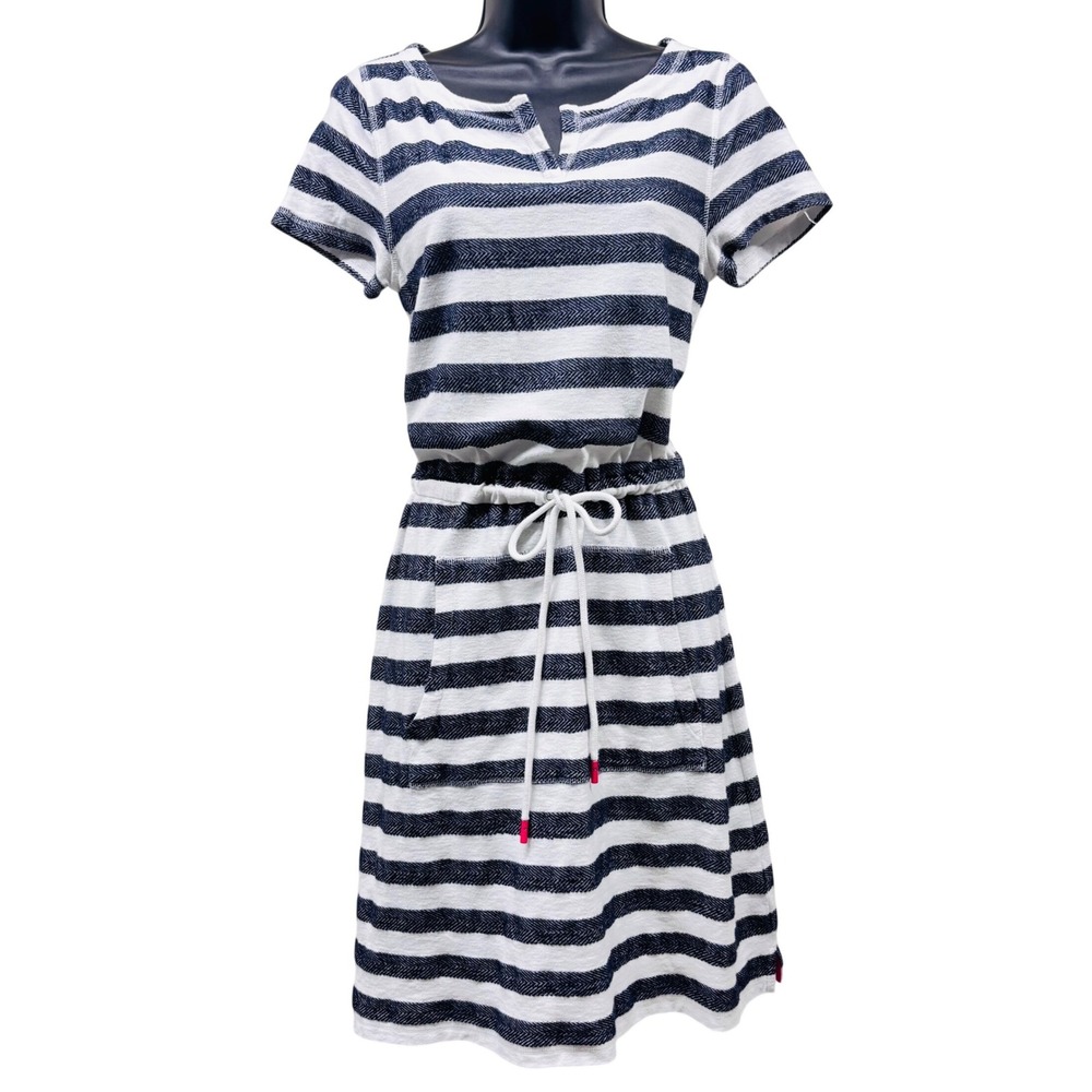 Talbots Womens Petite M Navy White Striped Cotton Knit Drawstring Dress Pockets